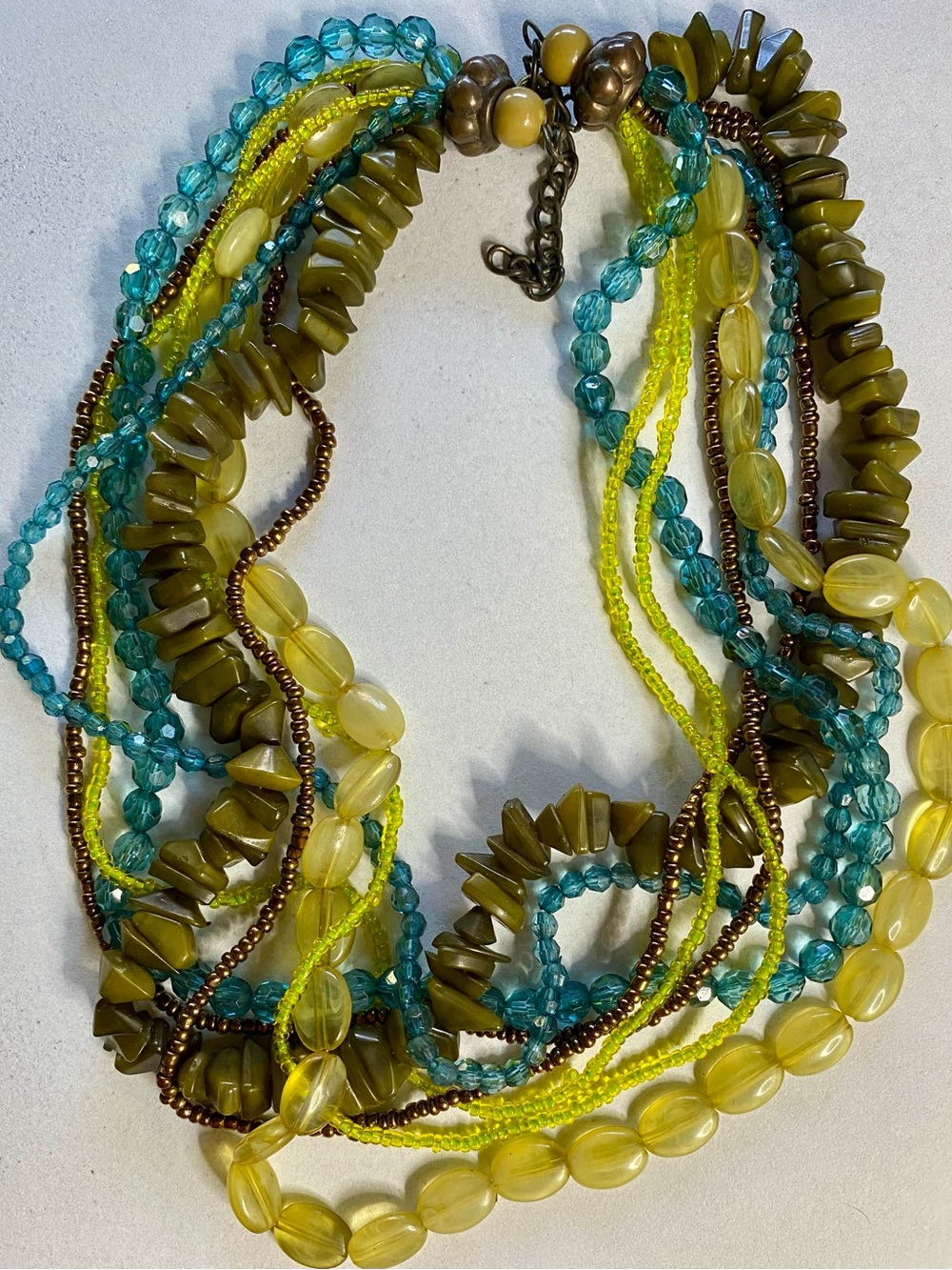 Source Unknown Yellow, Teal & Olive Multi-Strand Beaded Necklace